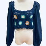 Aerie  Crochet Crop Top Blue Navy Floral Vacay Photo 2
