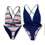 Maaji  Safari Plunge Reversible One-Piece Swimsuit Stripe/Solid, Blue New w/Tag Photo 1