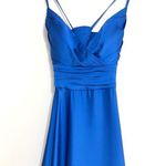 La Femme 28571 Deep V Faux Wrap Neck Lace-Up Back Satin Dress Photo 3