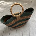 Handmade  Paper Straw Green and Tan Striped Tote Photo 2