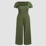 Cider  Jumpsuit Square Scoop Neck Wide Leg Short Sleeve Olive Green‎ 0XL 12 14 Photo 14