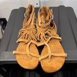 Marc Fisher Womens Brown Suede Gladiator Fringe Sandals Zip Back Flat Ankle Strap Photo 0