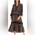 Mud Pie Boho Black Tan Geometric Cotton Midi Dress Small Tiered 3/4 Sleeve Photo 7