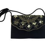 Vintage Black Velvet Purse Formal Evening u Handbag Crossbody or Clutch Gold Bea Photo 0