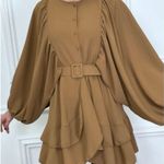 Made in Italy Camel Button Down Ruffle Bottom Balloon Sleeve Dress Size XS Photo 1
