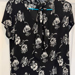 Jaclyn Smith  Floral Blouse Tie Neck Short Sleeve Top Black‎ White Large Photo 0