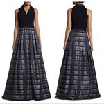 Theia Stripe Jacquard Full Ball Gown Sz 14 Black Silver Maxi Dress Event Gala Photo 2