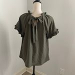 Como vintage Olive Green Ruffle Trim Top Bow Tie Neck Blouse Medium Photo 4