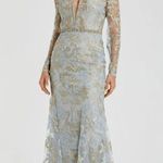 Mac Duggal NWT 11165 Blue Queen Anne Lace Long Sleeve V-Neck Trumpet Gown Dress Photo 0