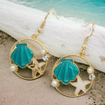Seashell & starfish pendant drop hallow round shape gold plated earrings‎ faux f Size undefined Photo 0