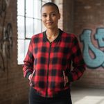 Ruff Hewn Red Buffalo Plaid Bomber Jacket Tribal Trim XL Photo 1