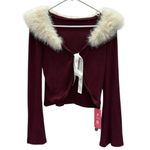 Romwe Faux Fur Removable Collar Burgundy Ribbed Knit Tie Front Bell Sleeve Cardigan M Photo 6