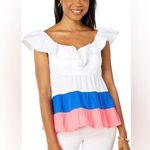 Lilly Pulitzer Emie Ruffle Top 14 Women’s Resort White Borealis Blue Coral NWT Photo 0