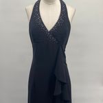 Vintage Y2k Rhinestone Halter Ball Gown V Neck Surplice Ruffle Front Black 4 Photo 3