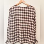 Loft  Autumn Plaid Blouse Softened Long Sleeve Crew Neck Cream Brown Rayon Size S Photo 2