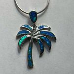 Sterling Silver 925 Blue Fire Opal Palm Tree Necklace 18" Florida Beach Summer Photo 0