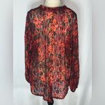 Free People  Sheer Lace Blouse XS Oversized Floral Burgundy Rust Orange V-Neck Photo 2