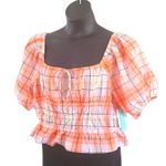 Abound NWOT  1X Coral Pink Plaid Square Neck Puff Sleeve Blouse Women’s Top Photo 2