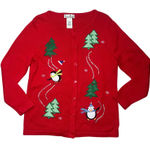 VTG 90s Christmas Cardigan Sweater Red Penguins Sequins Holiday Womens L Festive Size L Photo 0