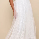 Lulus NWOT Ethereal Impression White Tulle Ruffled Bustier Midi Dress Photo 0