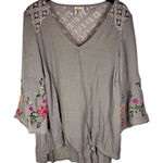 Anthro Fig and Flower Womens Boho Peasant Flowy Top Size Large Embroidered Tan Photo 0