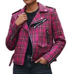 VTG Plaid Moto Jacket Womens Extra Large XL Biker Punk Rock Goth Zip Red Photo 0