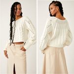 Free People Sandre Cable Knit Cropped Sweater in Cream Ivory White Size XL Photo 3