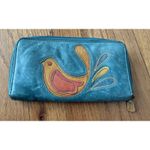 Fossil  turquoise Leather Bird Appliqué Zip-Around Wallet Embroidered Boho Festiv Photo 1