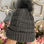 Winter Cap Gray Cable Knit Faux Fur Puffy Ball Womens Hat One Size Photo 6