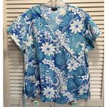 Absolutely Famous Absolute Scrub Top Short Sleeve V Neck Pockets‎ Size Large Blue/White Floral Photo 0
