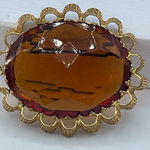 Vintage huge W.Germany facetted amber colored glass brooch. Gold Photo 0