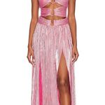 Bronx and Banco Sonny Strapless Cut Out High Slit Maxi Dress Gown in Metallic Rose Photo 0