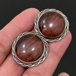 Unique Vintage  STERLING Signed Red Tiger Eye Large Cabochon Clip-On Earrings 15g Photo 5