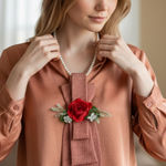 “Dainty Dapper”Orange textured tie necklace and rustic Rose adornment Red Photo 0