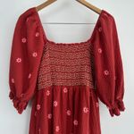 Floral Embroidered Smocked Nap Dress S/M Rust Smocked Gauze Puff Sleeve Cottage Orange Photo 5