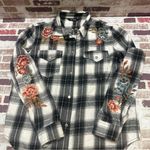 Driftwood  Black and White Plaid Shirt with Floral Embroidery XS Photo 7