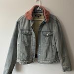 EXPRESS light blue denim sherpa jacket with detachable pink fur collar Photo 0