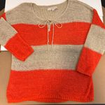 Loft  Orange Beige Stripe Women's Sweater Open Weave lace up Neck Women’s Medium Photo 1