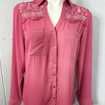 EXPRESS  Pink Lace Detail Button Down Shirt Photo 2