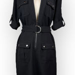Sharagano Black Front Zip Dress with Cinch Waist Belt Cuffed Sleeves Size 4 Photo 0