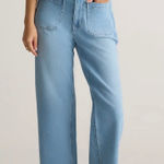 Quince Stretch High Rise Patch Pocket Wide Leg Jeans Light Wash Size 30 Photo 0