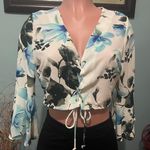 Haute Monde White With blue and black flower design Crop Top Size Large Photo 0