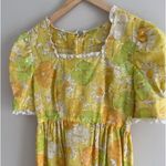 VINTAGE 60s 70s Yellow Floral Prairie Maxi Dress Puff Sleeve Square Neck Daisy S Photo 13
