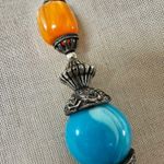 Vintage Bold Resin Bead Statement Necklace Orange & Turquoise Blue with Silver A Photo 3