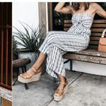 L*Space Riri Strapless Wide‑Leg Jumpsuit XS Gray White Stripe Smocked tie Photo 14