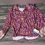 Democracy Blouson Sleeve Ruffle Shoulder VNeck Print Knit Top Size Medium Bold Photo 9