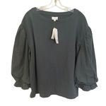 Wonderly  Knit Woven Mix Pullover Top Puff Sleeve Women's Medium Green Preppy Photo 3