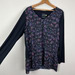 Lysse Tunic Top Womens Large Black Floral Sheer Mixed Media Long Sleeve V-Neck L Photo 3