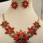Vintage Flower Pot Bloom Red/Orange Fall Rhinestone Statement Necklace Earring Orange Photo 0