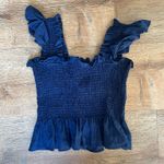Hill House  100% Linen Smocked Ruffle Top Navy Blue Women’s Small Photo 3